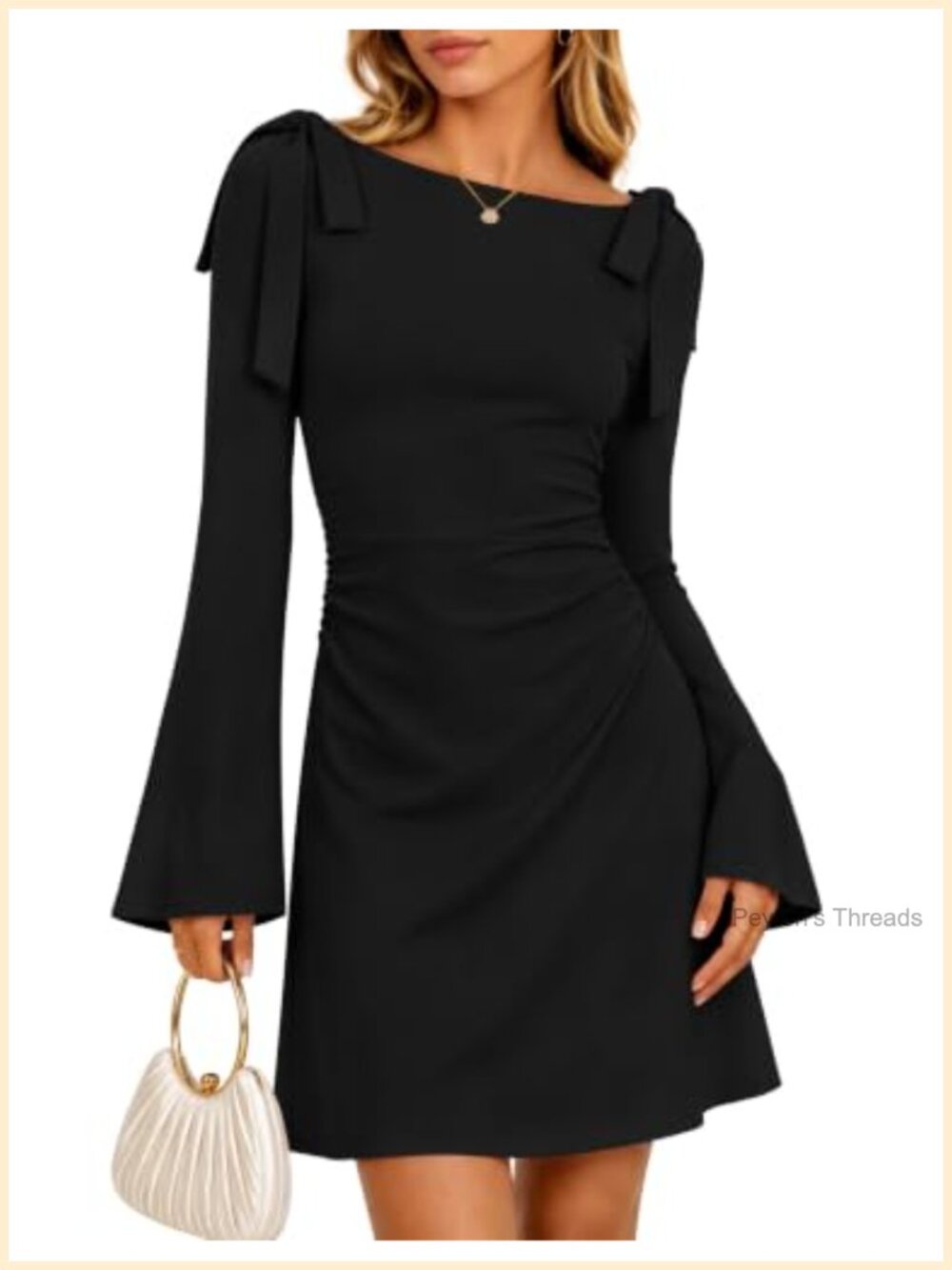Long Sleeve Tie Shoulder Ruched Bodycon Mini Dress